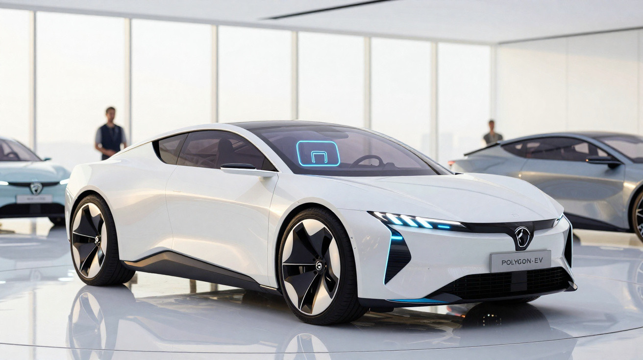 Carro elétrico esportivo branco Polygon EV em exposição moderna com detalhes em azul neon.