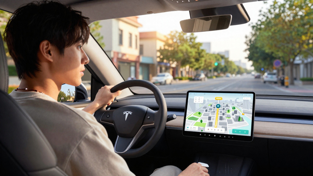 Jovem dirigindo um Tesla com tela central exibindo o mapa e a rota na cidade durante o dia.