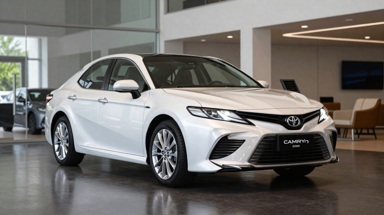 Carro sedan branco Toyota Camry 2023 em showroom moderno com piso cinza e vidro ao fundo.