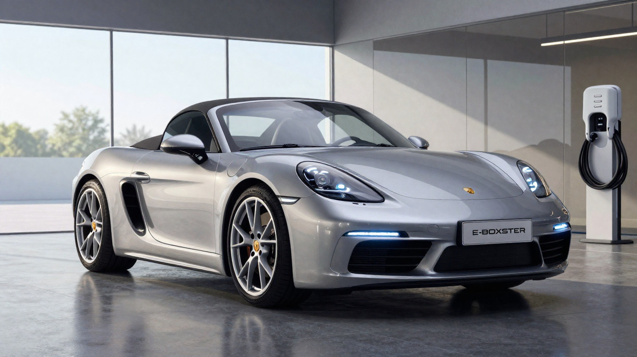 Carro esportivo prata Porsche E-Boxster estacionado em garagem moderna com estação de recarga elétrica.