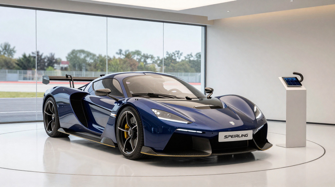 Carro esportivo azul escuro exibido em sala moderna com grande janela e pedestal digital ao lado.