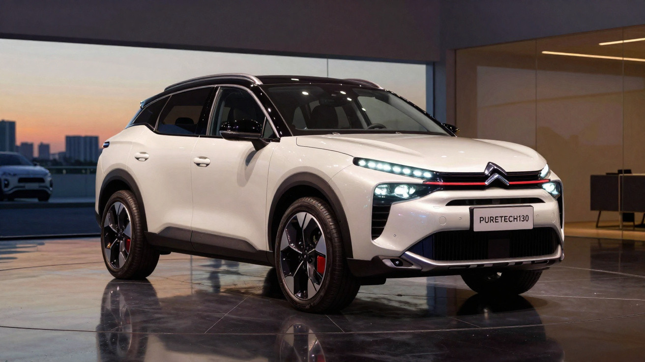 SUV branco Citroën PureTech130 estacionado em ambiente moderno com teto preto e luzes acesas.