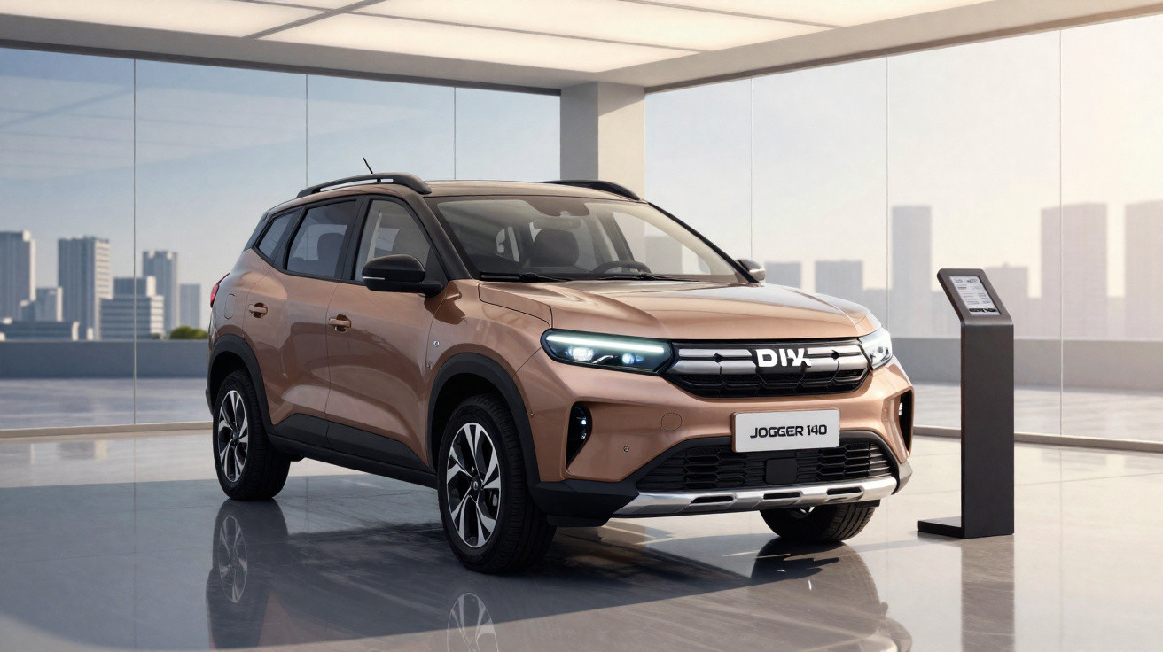 SUV Dacia Jogger 1.0 140 em tom marrom exibido em showroom moderno com vidros grandes.