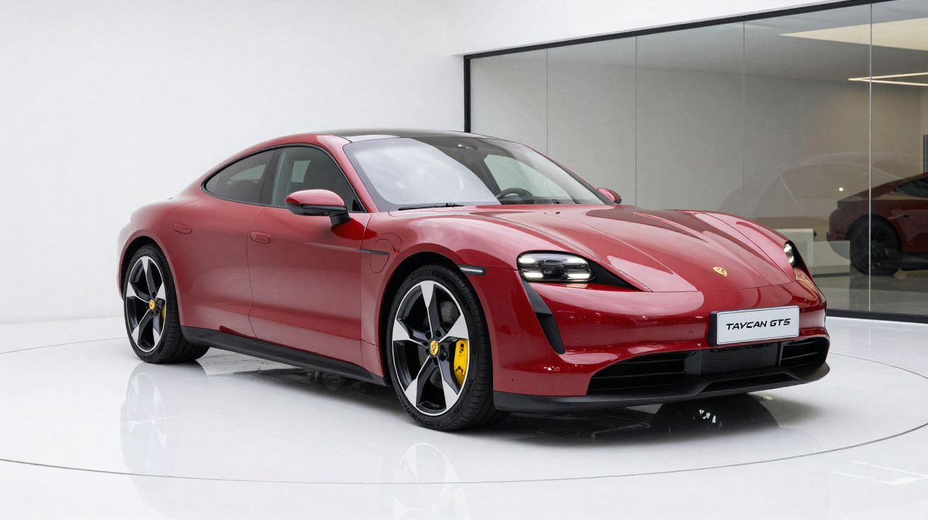 Carro esportivo elétrico Porsche Taycan GTS vermelho em ambiente interno com piso branco e vidro ao fundo.