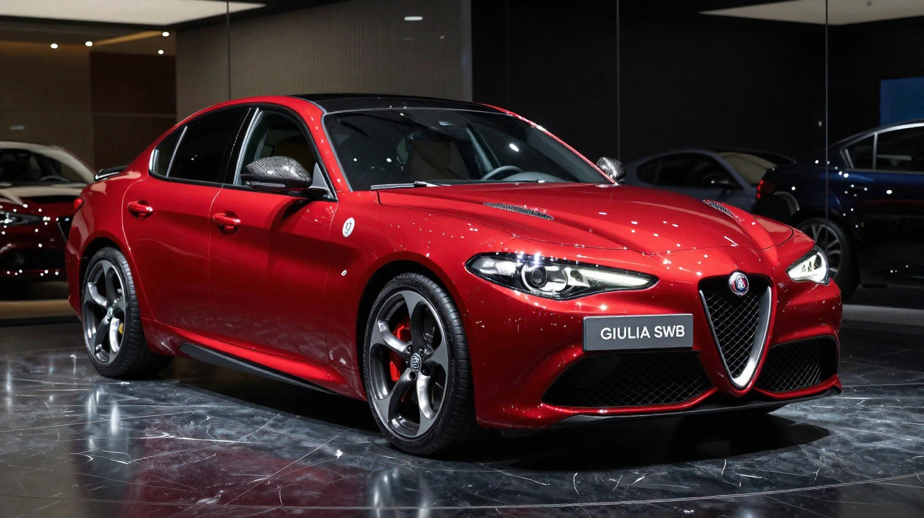 Carro esportivo vermelho Alfa Romeo Giulia SWB exibido em showroom com piso refletivo.