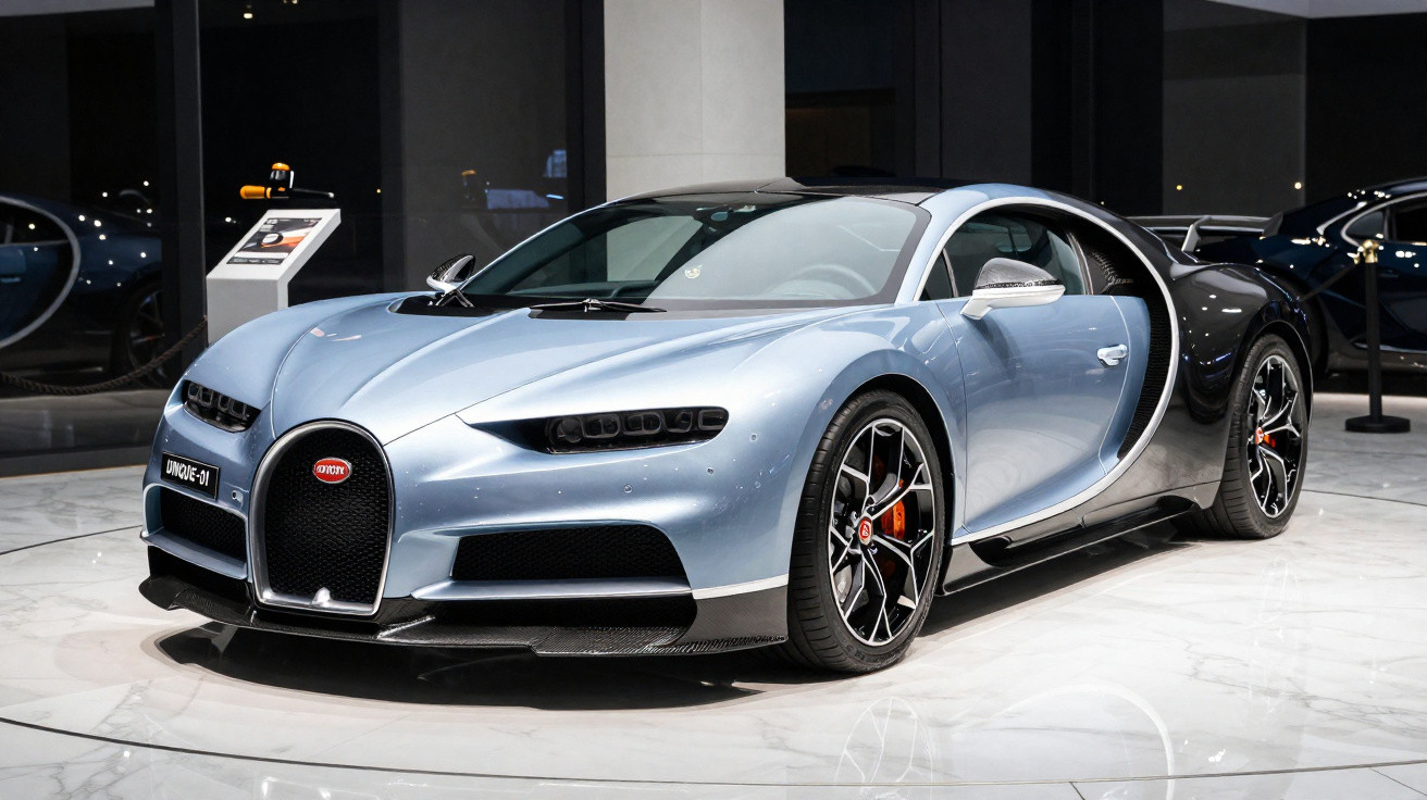 Carro esportivo Bugatti Chiron azul prateado exibido em showroom luxuoso com piso branco brilhante.