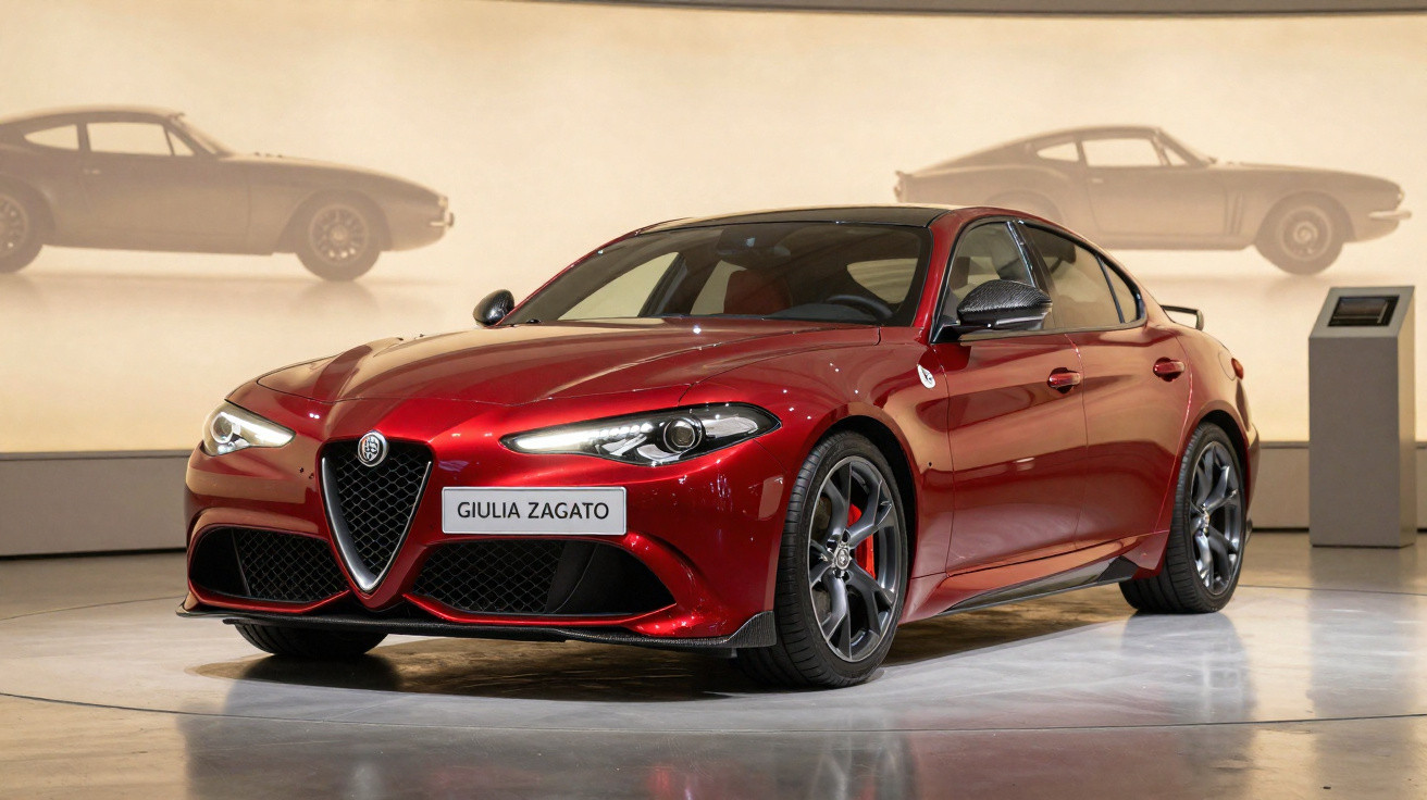 Carro esportivo vermelho Alfa Romeo Giulia Zagato em exposição com imagens de carros antigos projetadas ao fundo.