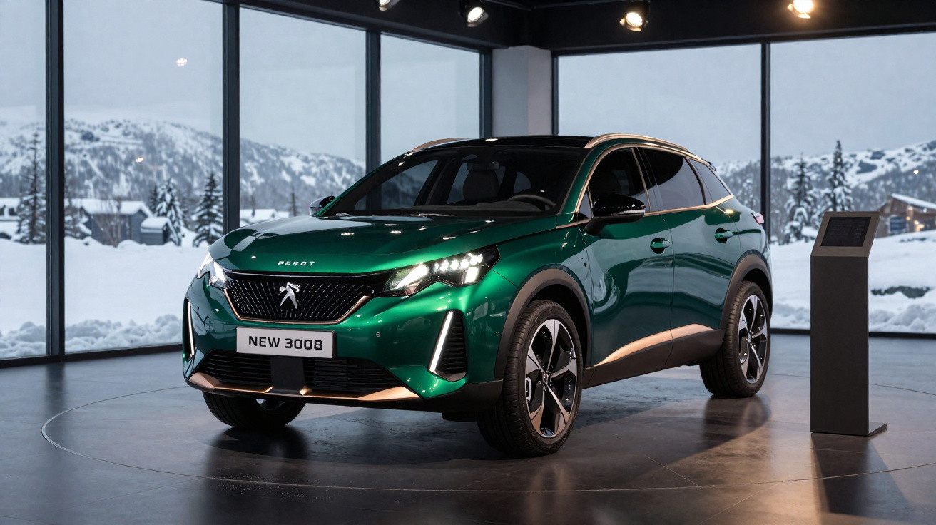 Carro verde Peugeot 3008 em exposição dentro de sala com janelas para paisagem de neve.