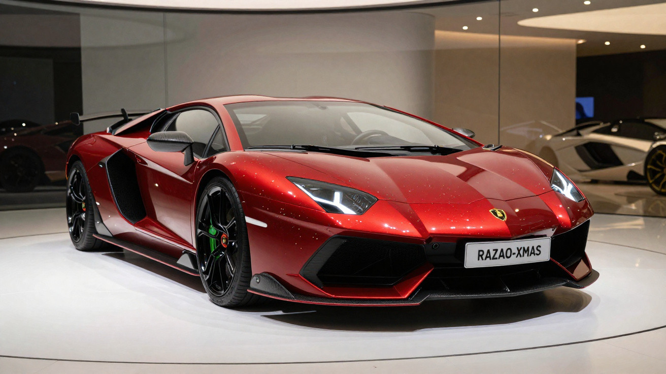 Carro esportivo Lamborghini vermelho metálico exibido em showroom com rodas pretas e detalhes aerodinâmicos.