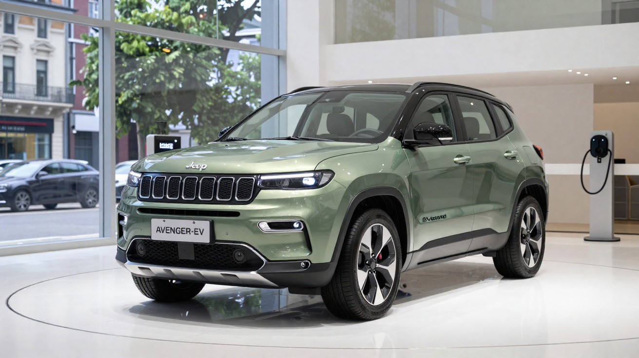 Carro elétrico Jeep Avenger EV verde em exposição interna com carregador ao fundo.