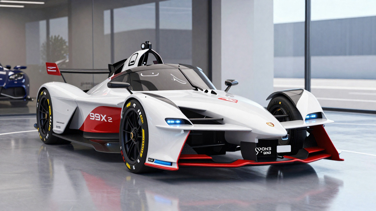 Carro de corrida elétrico branco e vermelho com design futurista em ambiente interno moderno.