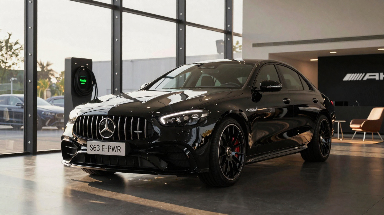 Carro preto Mercedes-Benz S63 E-PWR elétrico em showroom com carregador ao fundo.