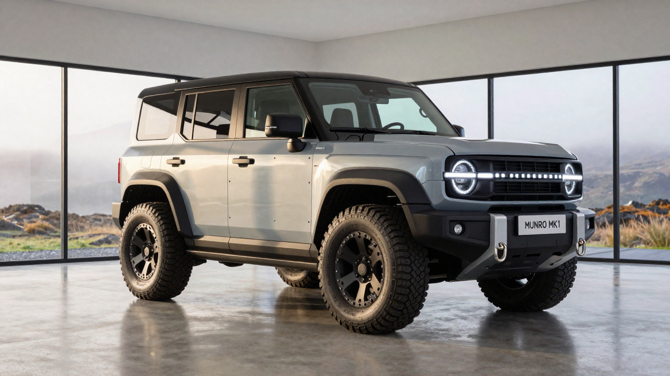 SUV elétrico cinza com design robusto, pneus off-road e faróis circulares, em ambiente interno minimalista.