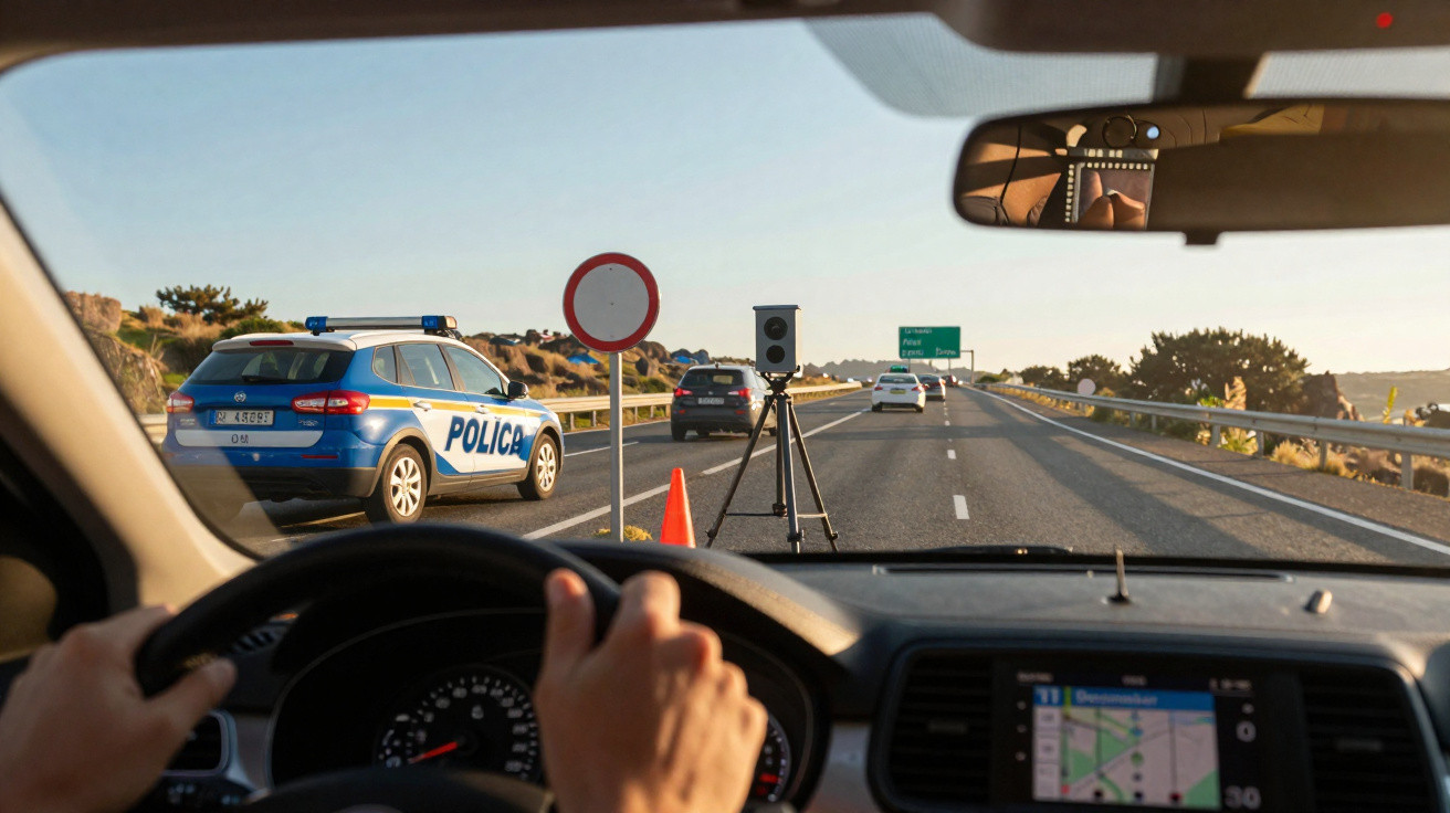 Visão de dentro de um carro em estrada, com radar de velocidade e viatura da polícia à esquerda.