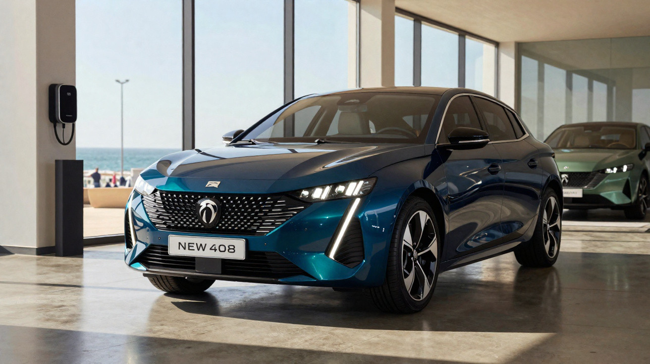 Carro elétrico azul Peugeot New 408 estacionado em showroom moderno com parede de vidro e estação de carregamento.
