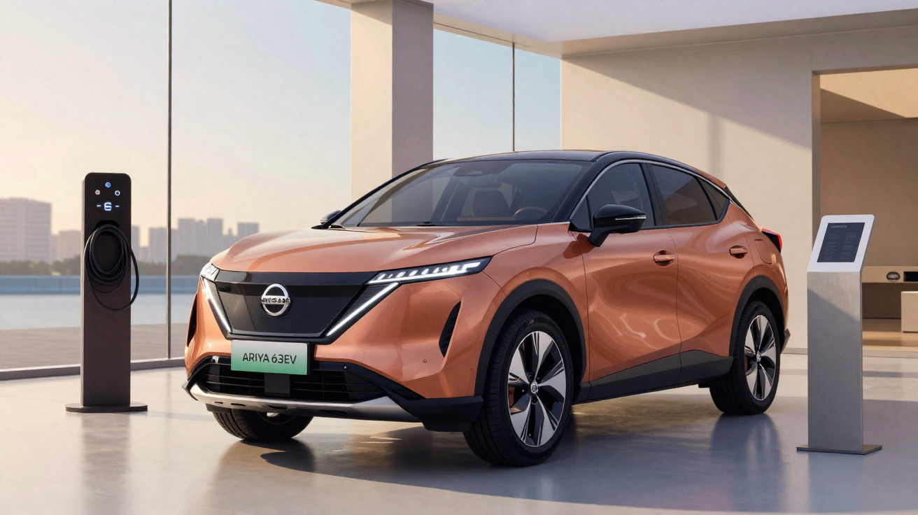 Carro elétrico Nissan Ariya 63 EV na cor cobre, carregando em estação moderna com vidro ao fundo.