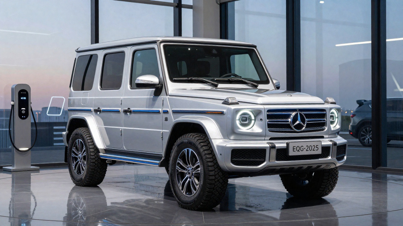 SUV Mercedes-Benz G-Class prata estacionada em showroom ao lado de estação de carregamento elétrico.