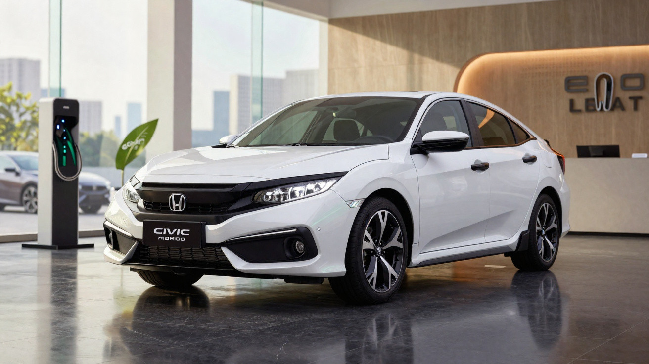 Carro Honda Civic híbrido branco estacionado em showroom moderno com estação de recarga ao fundo.