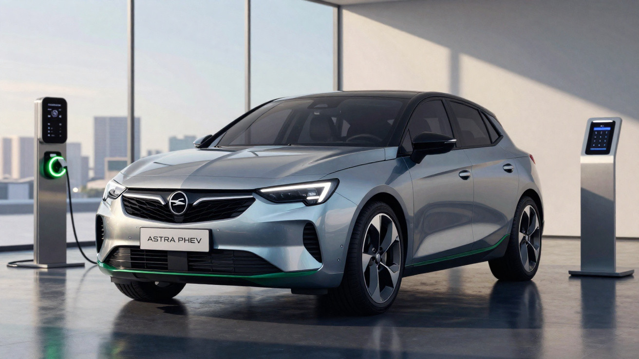 Carro elétrico Opel Astra PHEV cinza conectado a estação de recarga em ambiente interno moderno.