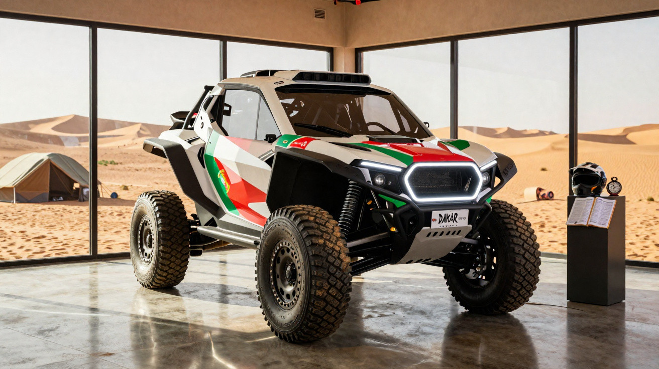 Veículo off-road branco com detalhes coloridos exposto em ambiente com paredes de vidro e vista para deserto.
