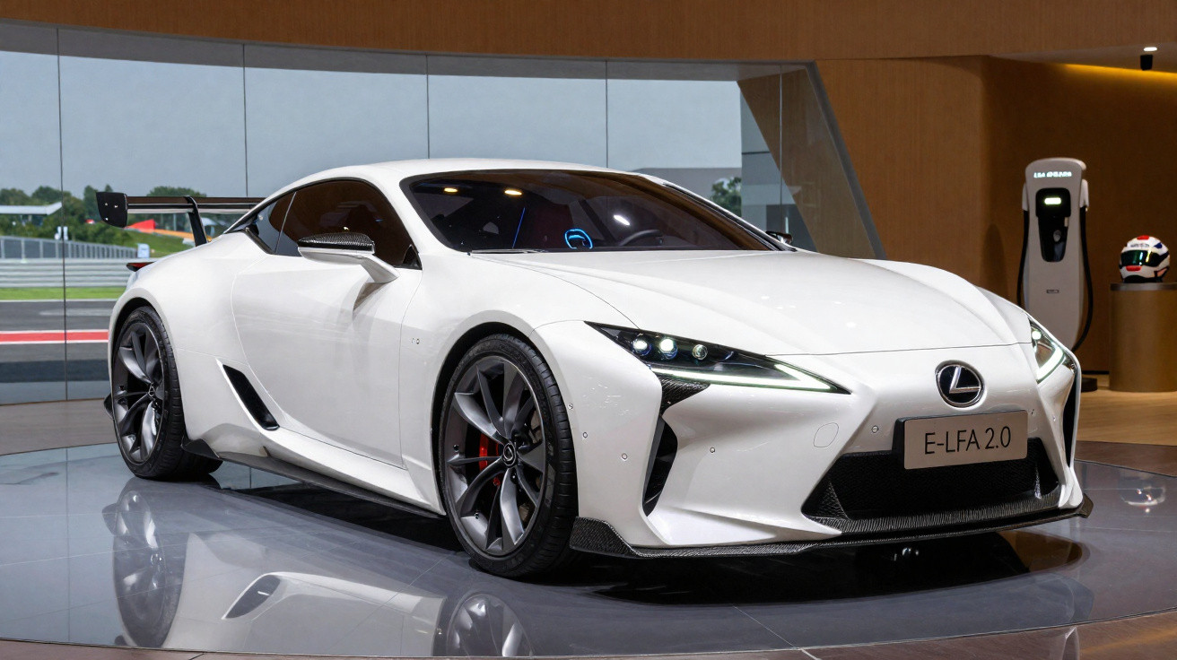 Carro esportivo branco Lexus E-LFA 2.0 exibido em showroom moderno com iluminação interna.