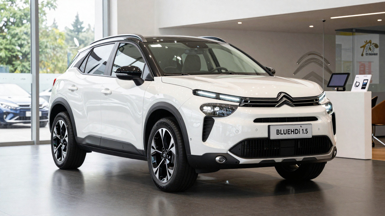 SUV branco Citroën modelo BlueHDi 1.5 em exposição em showroom moderno.