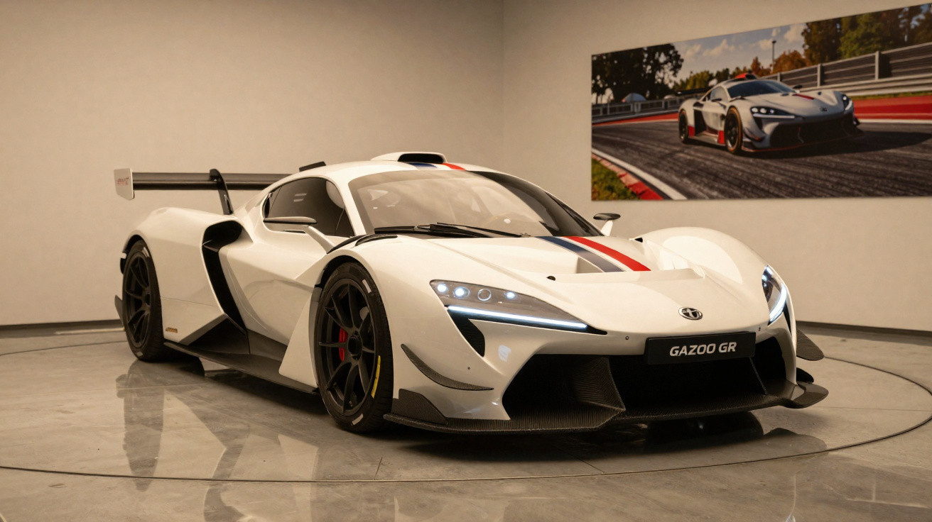 Carro esportivo branco Gazoo GR em exposição, com detalhes em preto e faixa vermelha e azul no capô.