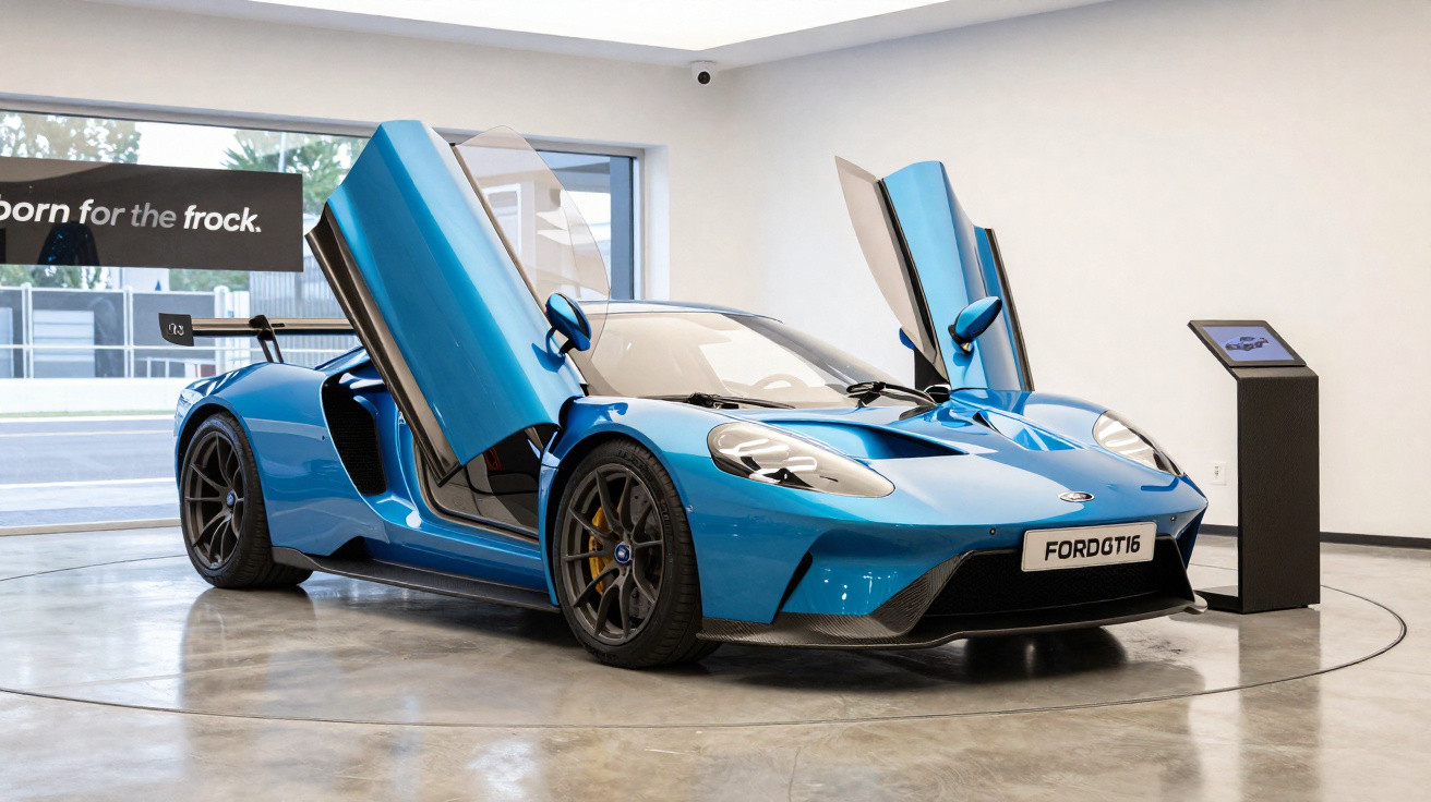 Carro esportivo azul Ford GT16 com portas abertas em estilo asa de gaivota em exposição interna.