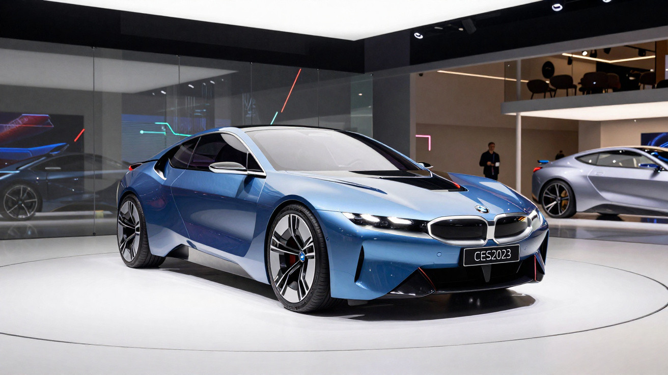 Carro esportivo azul BMW futurista exposto em ambiente moderno com iluminação branca.