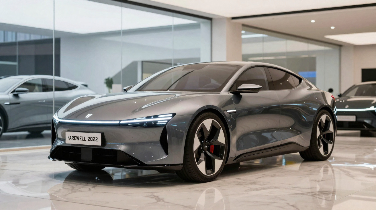 Carro esportivo elétrico cinza prata em showroom moderno com piso de mármore e iluminação clara.