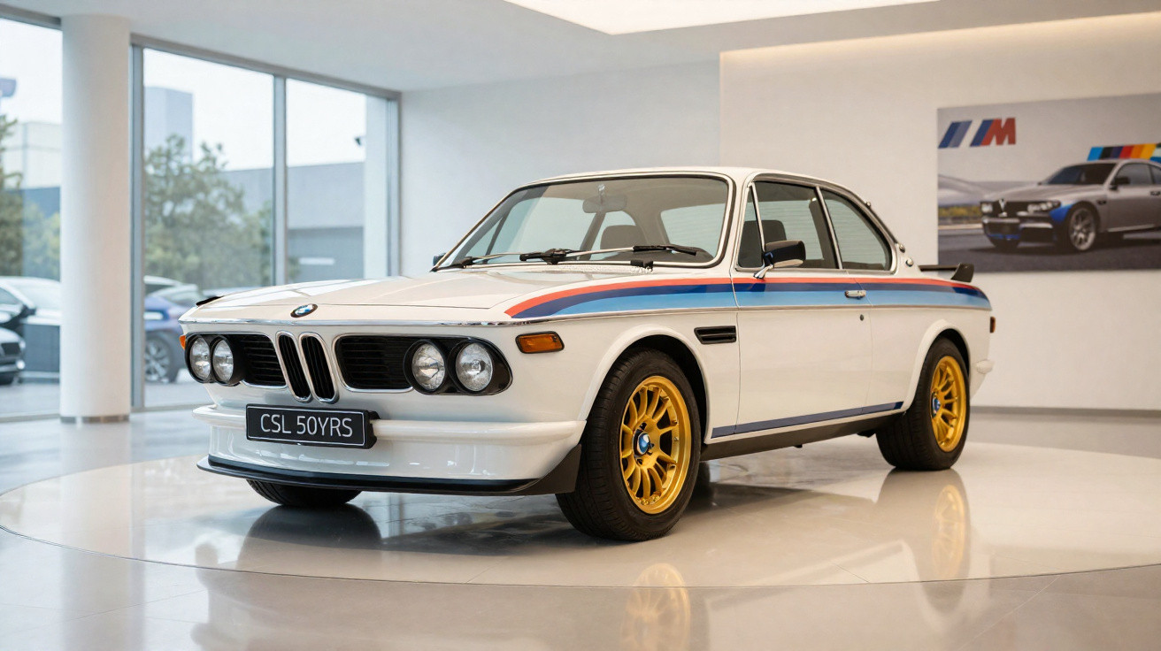 BMW clássico branco com detalhes em azul e vermelho e rodas douradas exibido em salão com iluminação natural.