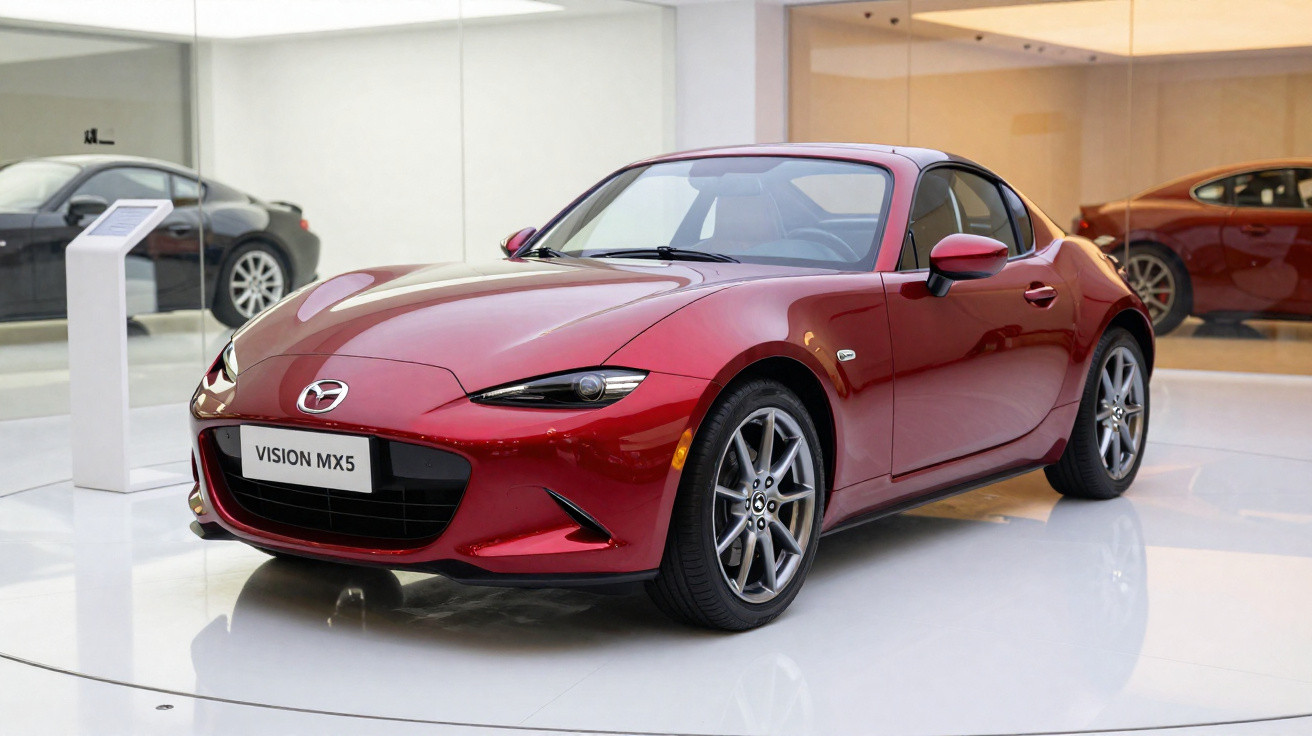 Carro esportivo vermelho Mazda Vision MX5 exposto em ambiente moderno e bem iluminado.