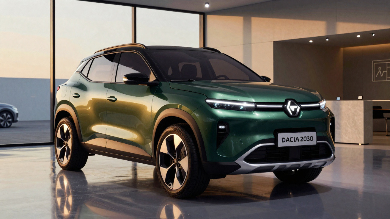 Carro SUV elétrico verde Dacia 2030 em showroom moderno com piso refletivo e iluminação suave.