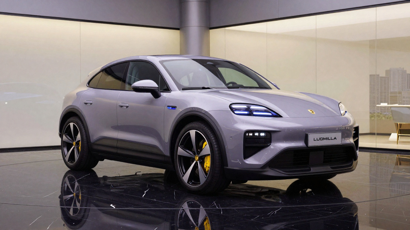 Carro esportivo elétrico cinza estacionado em ambiente interno moderno com reflexo no chão preto brilhante.