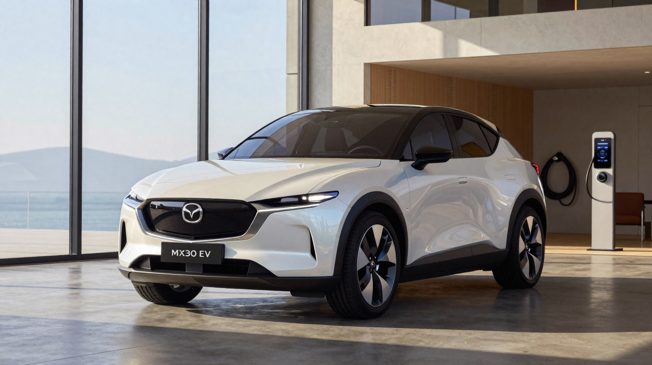 Carro elétrico branco Mazda MX-30 EV estacionado em garagem moderna com estação de recarga.