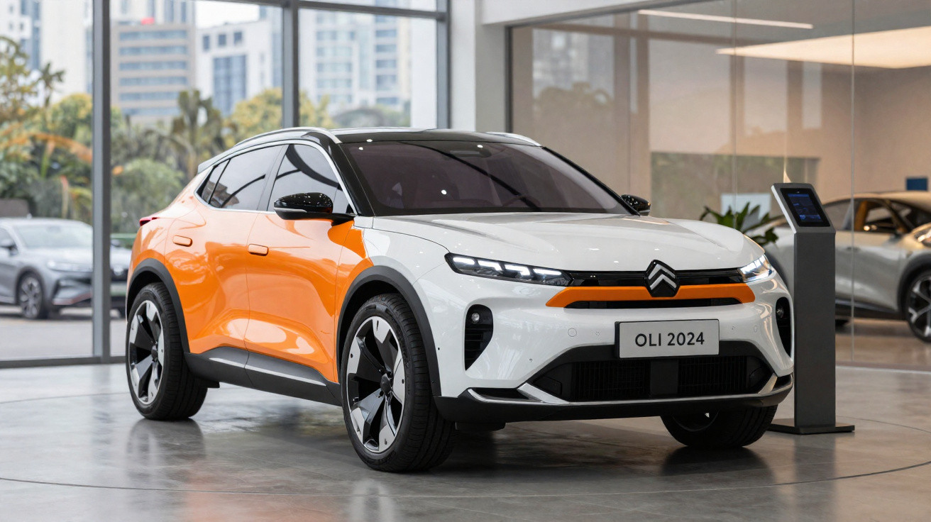 Carro SUV elétrico branco e laranja modelo OLI 2024 exibido em showroom moderno.
