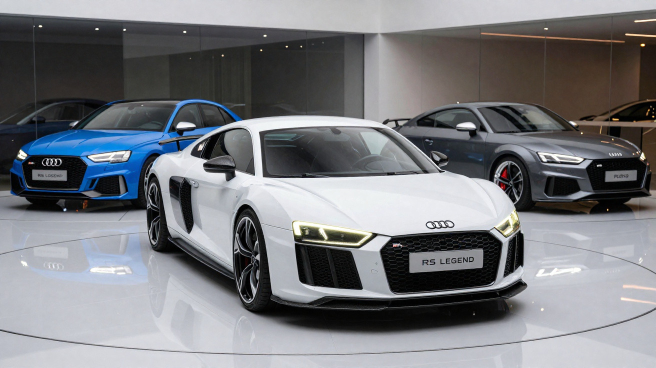 Carros esportivos Audi RS em branco, azul e cinza expostos em showroom moderno e iluminado.