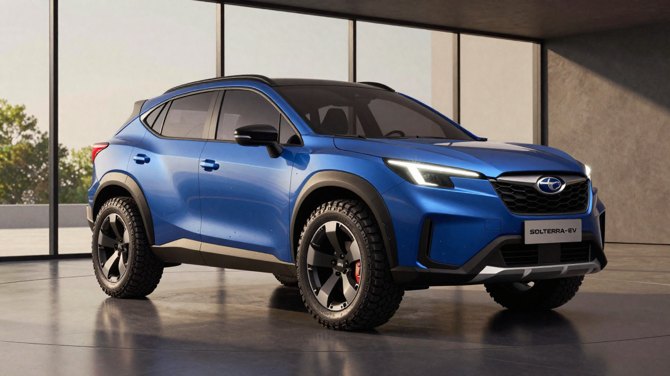 Carro SUV elétrico azul Subaru Solterra em ambiente interno moderno com luz natural.
