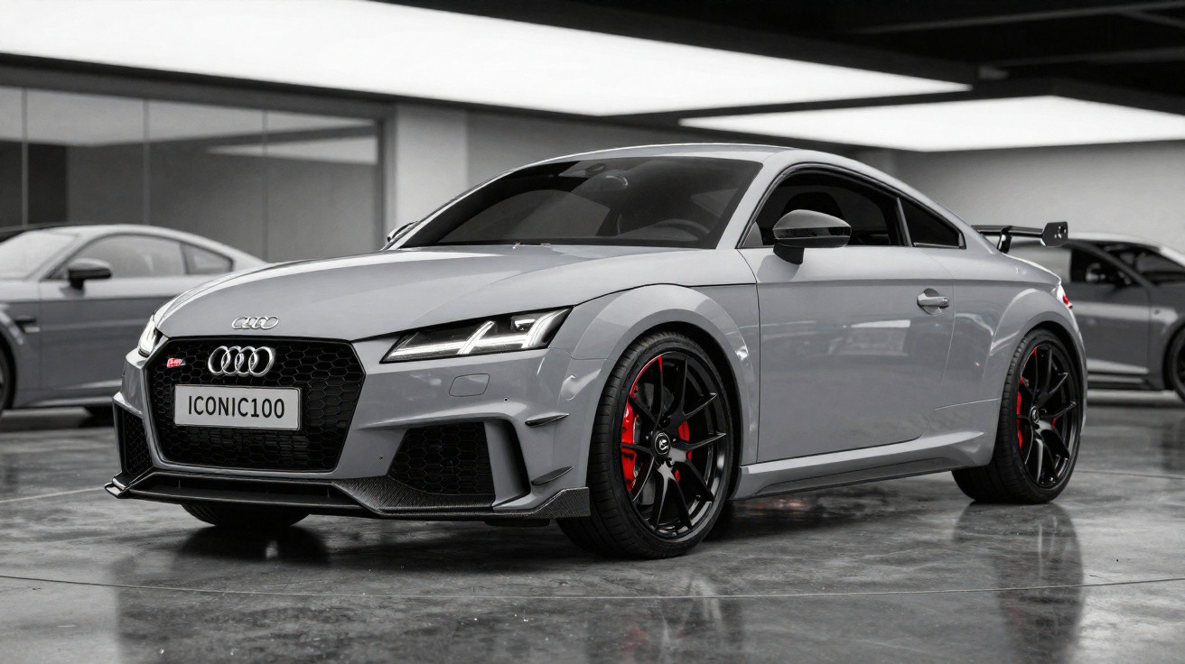 Carro esportivo Audi cinza estacionado em ambiente interno com rodas pretas e detalhes vermelhos.