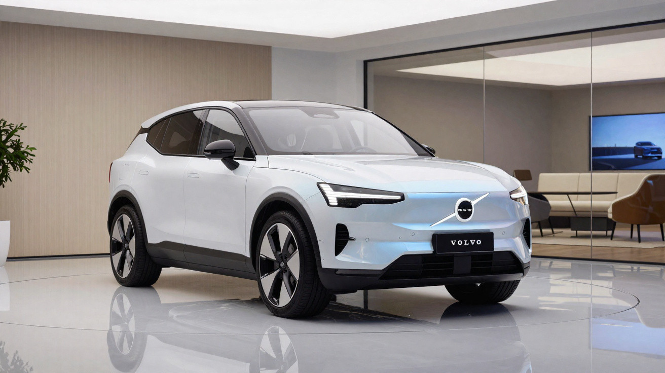 Carro elétrico Volvo XC40 branco exibido em showroom moderno com piso e paredes claras.