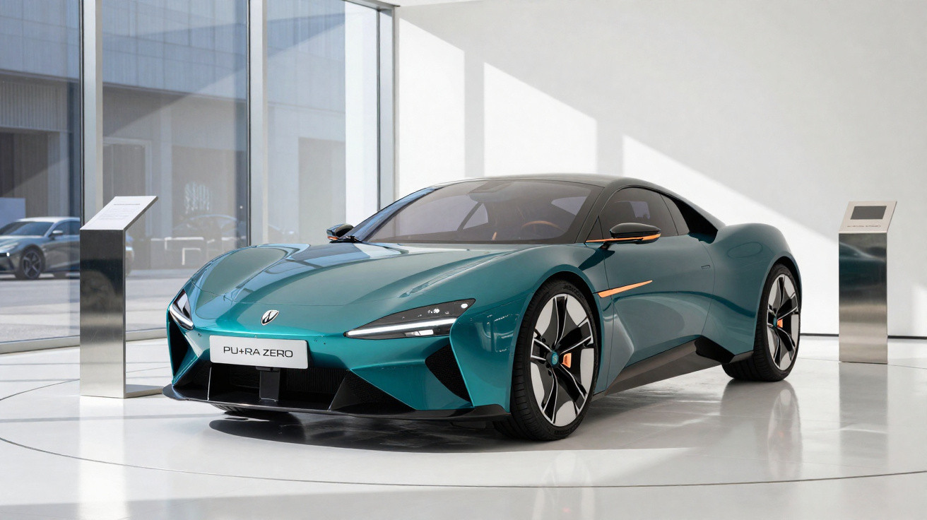 Carro esportivo elétrico verde azulado PU+RA ZERO exposto em ambiente moderno e iluminado.