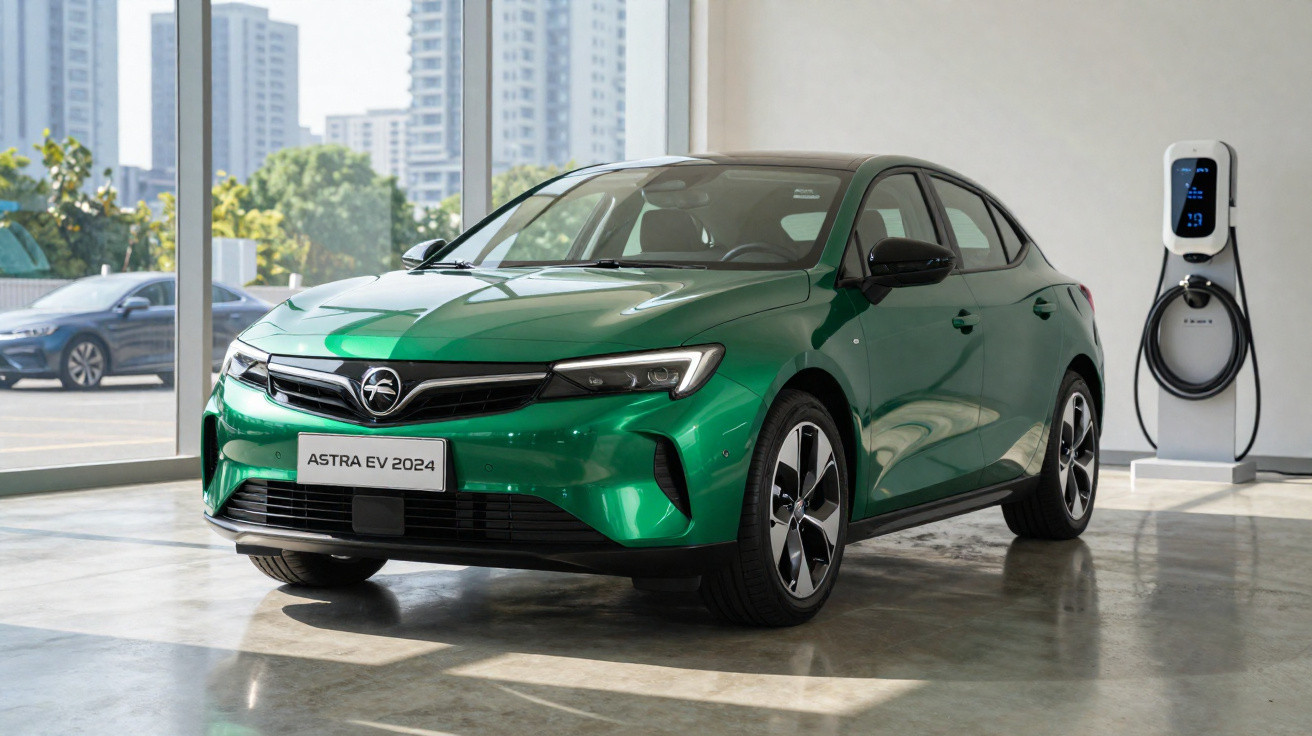 Carro elétrico verde Astra EV 2024 em showroom moderno com estação de recarga ao fundo.