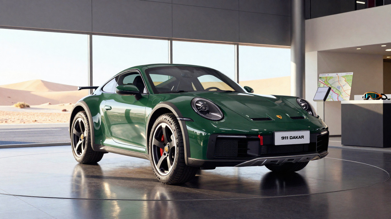 Carro esportivo Porsche 911 Dakar verde em exposição interna com pneus para off-road.