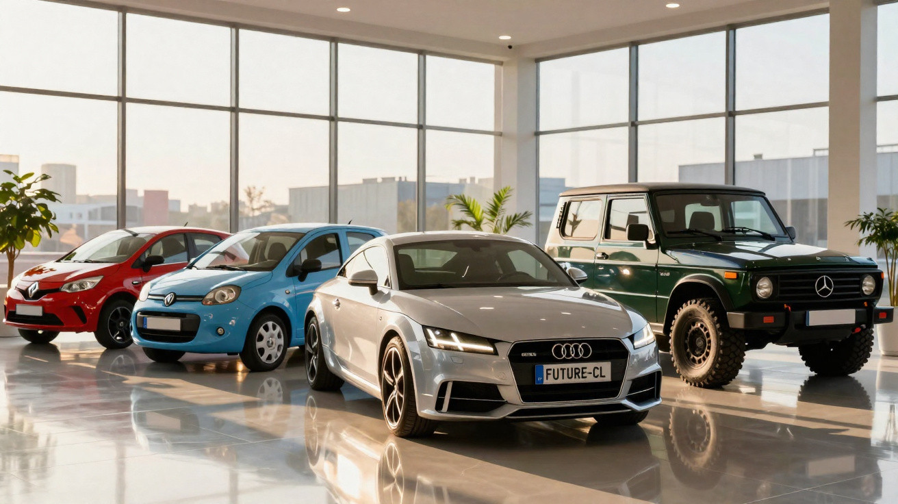 Showroom com carros novos estacionados, incluindo Audi prata, Volkswagen azul, Renault vermelho e Mercedes verde.