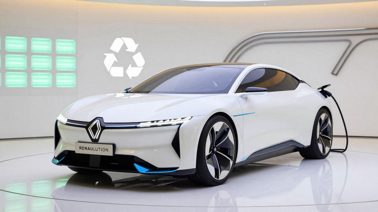 Carro elétrico branco futurista da Renault conectado a um carregador em ambiente moderno e iluminado.