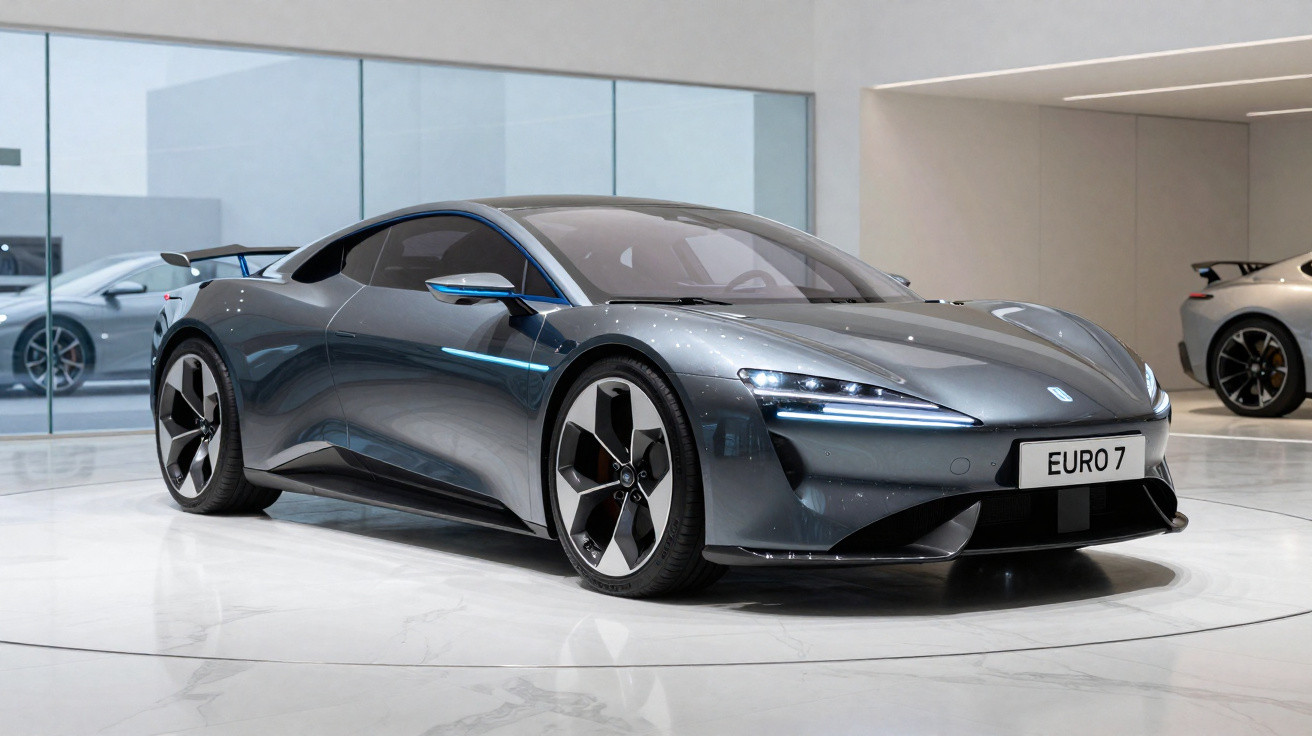 Carro esportivo elétrico cinza metálico em exposição num ambiente moderno e iluminado.
