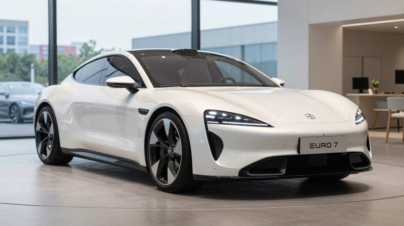 Carro esportivo elétrico branco modelo EURO 7 em showroom moderno com design aerodinâmico e faróis LED acesos.