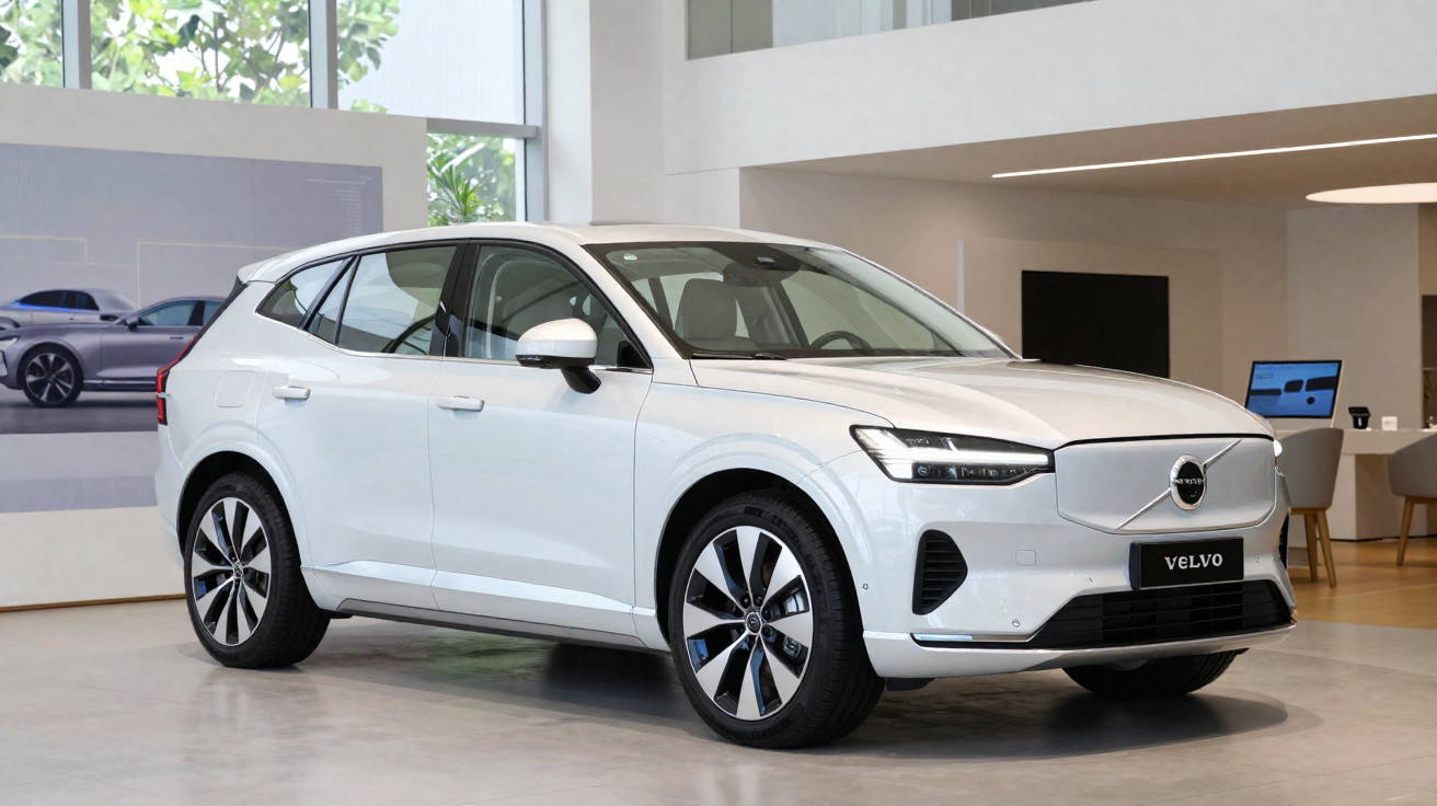 Carro SUV elétrico branco Volvo exibido em showroom moderno com piso claro e parede branca.