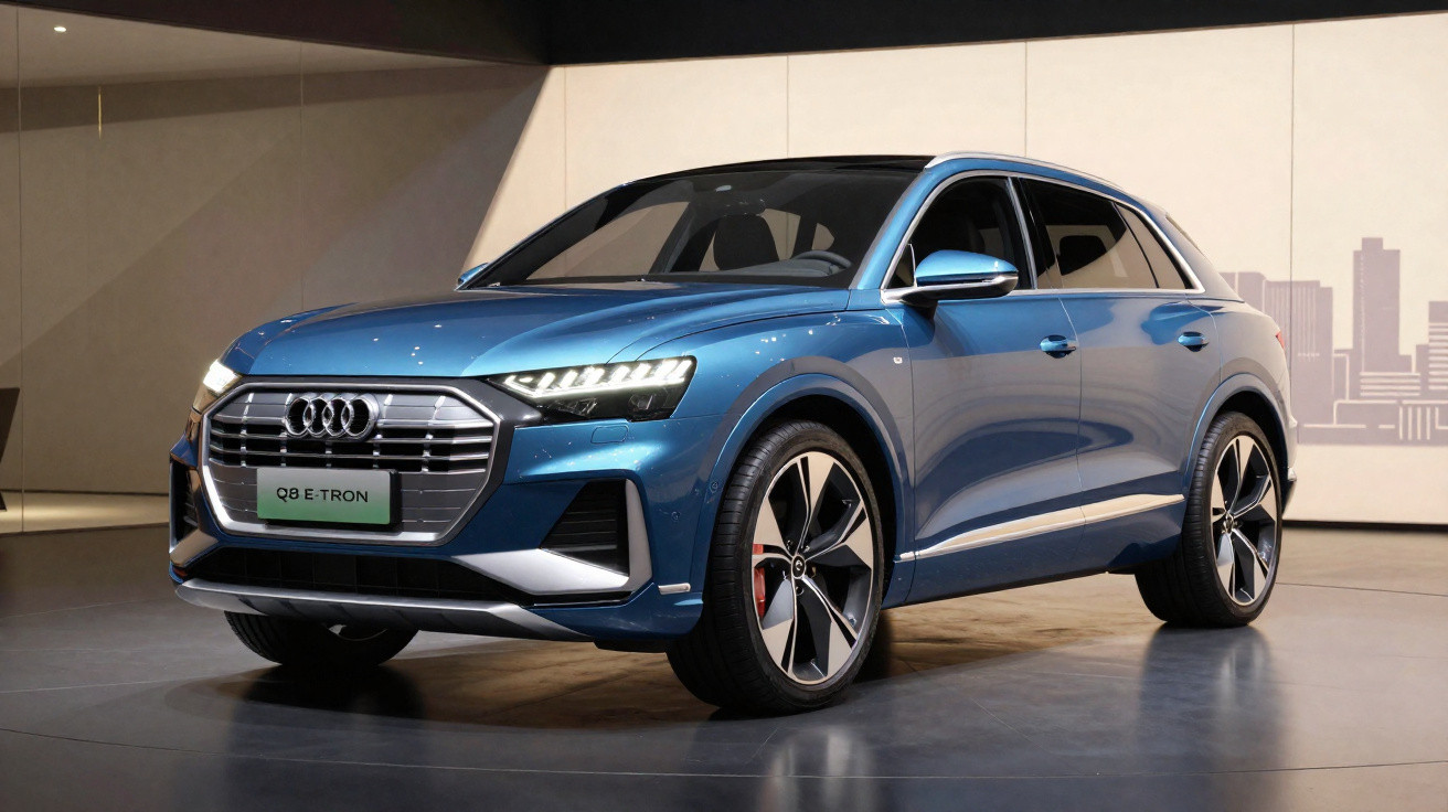 Audi Q8 e-tron azul elétrico em exposição com rodas esportivas e faróis LED acesos.