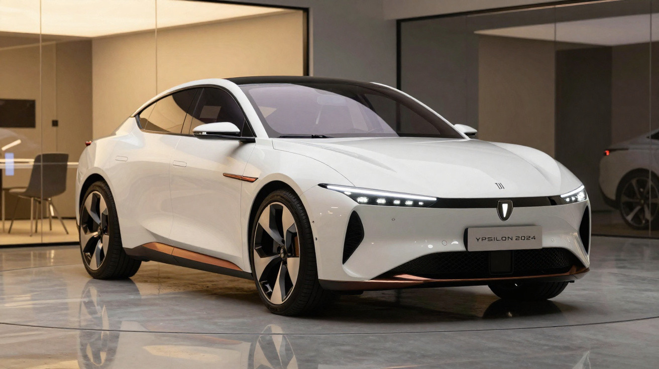 Carro elétrico branco Ypsilon 2024 exposto em ambiente interno moderno, com design futurista.
